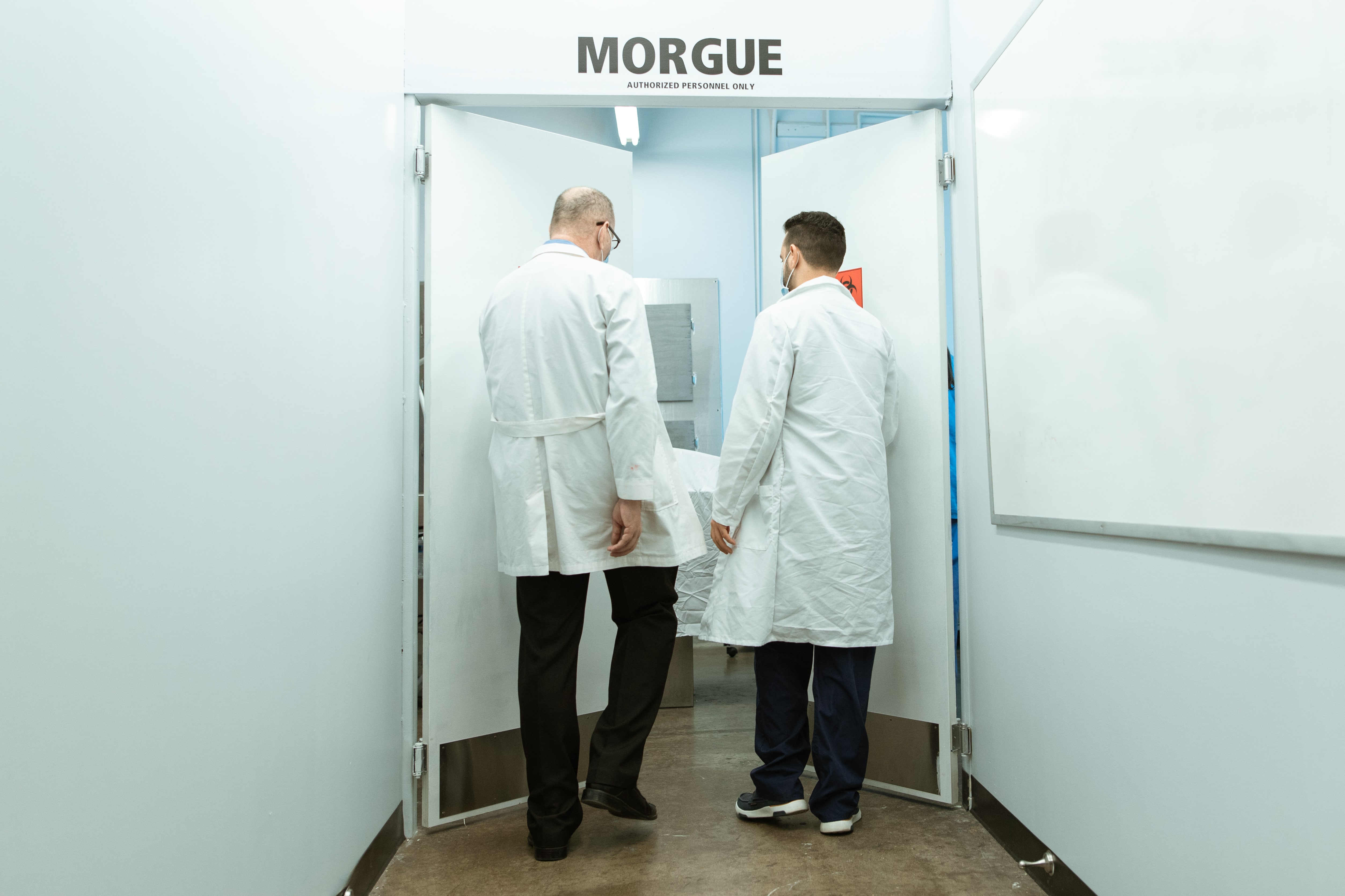 Two morticians going into a morgue after receiving a corpse in a body bag going through decomposition.